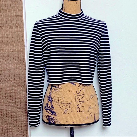 Mock Neck Black & White Striped Long Sleeve Crop Top - Picture 1 of 3
